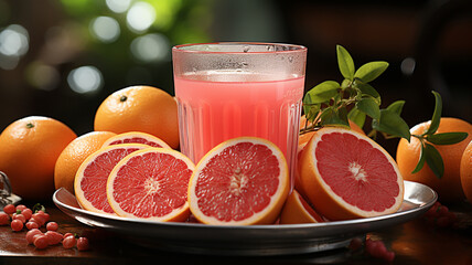 Wall Mural - fresh juice in a glass with a slice of grapefruit on a wooden table