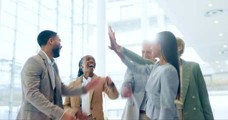 Poster - Business people, high five and applause for teamwork, support and collaboration or goals, success and celebration. Circle, hands together and mission with happy group and men and women for motivation