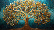 Colorful mosaic tree of life artwork . Small golden and turquoise mosaic tiles pattern forming a Tree of Life background.

