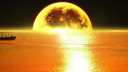 Wall Mural - Fishing Boat Passing in the sea on a Full Moon night