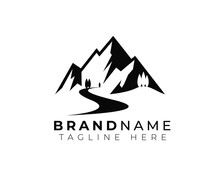 Simple Flat Monochrome Modern Minimalist Logo Of Mountain Outdoor Exploration Activities With Pine Trees And River Road