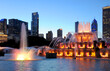 At nightfall in the summer, a beloved Chicago Fountain is especially lovely.