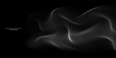 Aufkleber - Flowing dots particles wave pattern white light isolated on black background. Vector in concept of technology, science, music, modern.