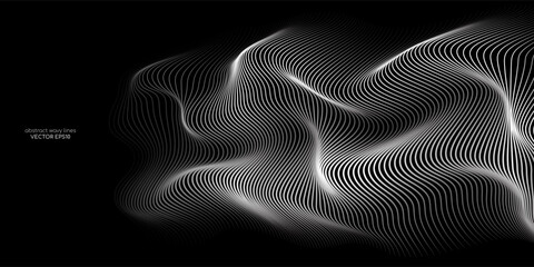 Poster - 3D Vector wave lines pattern smooth curve flowing dynamic white light isolated on black background for concept of technology, digital, communication, science, music.