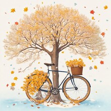 Bicycle Under Autumn Tree With Falling Leafs, Ai Generated