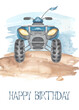 Watercolor premade card with quad bike, boy birthday greeting