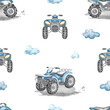 Watercolor seamless pattern with blue quad bike, clouds, on mud, boyish print