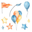 Watercolor set with balloons, stars, flags, for children's birthday