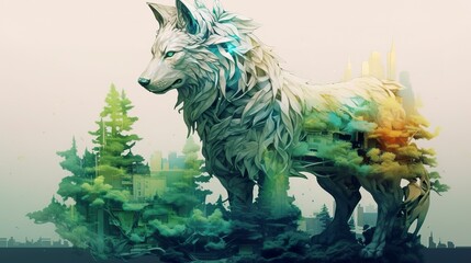 Fantasy animal, double exposure of fantasy world with green trees. 