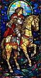 Fototapeta Młodzieżowe - A Knight in Shining Armor. An Illustration of a Mythical Ancient Paladin in Stained Glass Renaissance Fresco Style. AI Generative