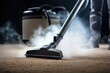 Cleaning service concept, steam cleaner removes dirt from carpet in closeup plain