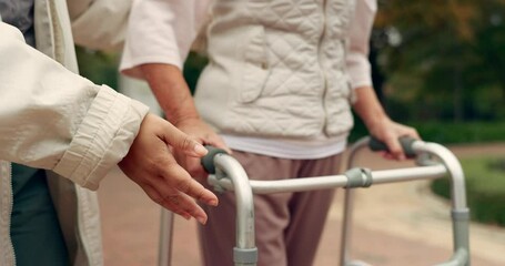 Sticker - Hands, support and senior person with a walker for injury rehabilitation, walking help and physiotherapy. Healthcare, patient with a disability and gear for nursing in retirement with a caregiver