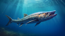 A Shining And Swift Barracuda Swimming Through The Water