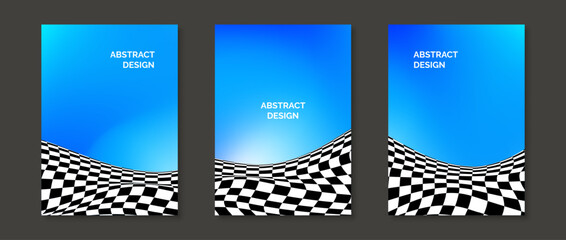 Poster - Abstract gradients with checkered liquid surfaces. Distorted black and white pattern on blue green backgrounds. Bright design templates for poster, banner, brochure, flyer, cover. Vector set