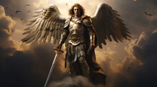 Archangel Michael In The Clouds Wearing Armor And A Sword. Powerful Holy Angel Of God