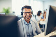 happy and confident human resources agent is seen wearing a headset in their office, assist employees and provide support over the phone