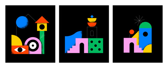 Poster - Abstract colorful geometric city landscape concept illustration. Creative modern geometry shapes with fun icon and bauhaus style decoration element. Contemporary art mosaic.