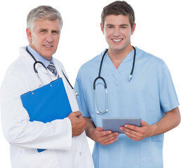 Poster - Digital png photo of caucasian male doctor and nurse with tablet on transparent background