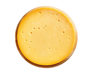 Wall Mural - Round whole cheese on cutting board isolated on transparent background, top view