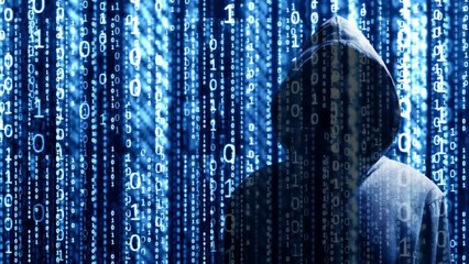 Wall Mural - hacker in hoodie and binary digits scrolling up