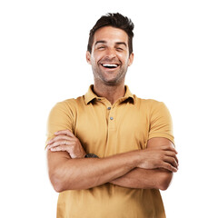 Poster - Excited, confident and portrait of happy man with smile or joy laughing at a funny joke in Italy. Arms crossed, proud guy or face of male person in casual shirt isolated on transparent png background