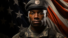 A Man American Soldier Military Marine Stands Against The Background Of The American Flag As A Symbol Of Independence. Face Close-up. AI Generated