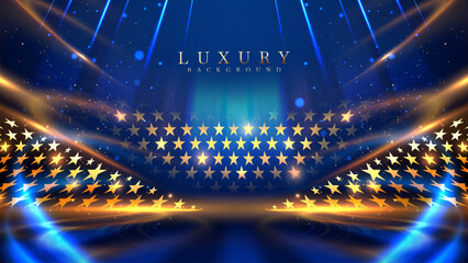 Stars stage with blue light effects element and gold with bokeh decorations on dark scene. Luxury style background. Award ceremony design concept.