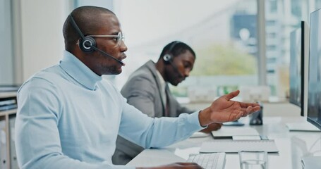 Aufkleber - Call center consultation, computer video call and black man explain loan service, help desk or technical support solution or webinar. Telecom, customer care and male insurance agent on online meeting