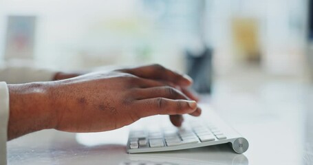 Aufkleber - Hands, typing and computer research for business planning, online schedule or email feedback. Internet search, lead generation and office worker at desk with ideas, keyboard and report on website.