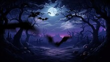Halloween Night Decorative With Bat And Moon Background. Seamless Looping Time-lapse Virtual Video Animation Background.