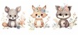 Whimsical baby animals watercolor. fox, deer, raccoon, owl. Use for posters, invitations, decor. Concept of cute nature-inspired art.
