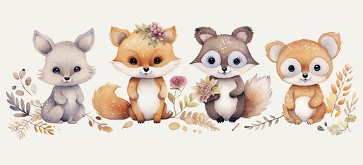 Wall Mural - Charming cartoon forest animals. fox, deer, raccoon, owl in watercolor. Ideal for vintage greeting cards, floral design. Concept of whimsical woodland illustration.