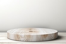 Wooden Circular Podium In White Clean Room. Front View - Minimalism Background For Cosmetics, Food Or Jewelry
