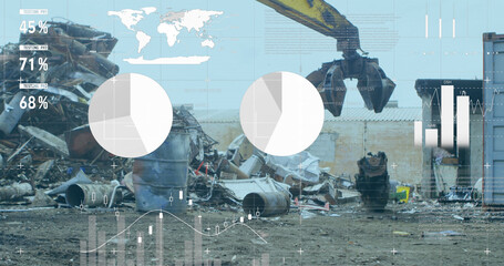 Poster - Image of infographic interface over scrap shearing machine pilling up metal scrap