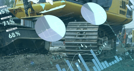 Poster - Image of multicolored infographic interface over piled up metal scrap in scrapyard