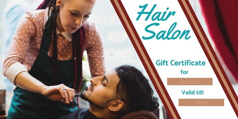 Wall Mural - Composition of gift certificate text over caucasian female hairdresser giving asian man haircut