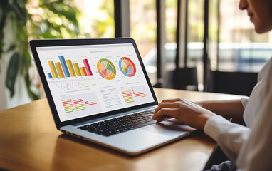 Information analysis. The woman, working remotely as an economic analyst, conducts financial evaluation for the enterprise. Charts depicting sales and revenue on her laptop serve as marketing indicato