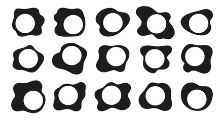 Wall Mural - Round asymmetric frame border set. Black abstract organic shapes with empty circle. Liquid basic blob shape