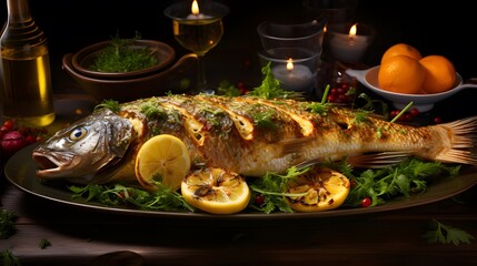 Delicious grilled fish background. Generative AI