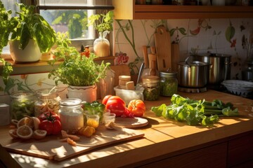 Wall Mural - sunlit kitchen counter with fresh ingredients and utensils