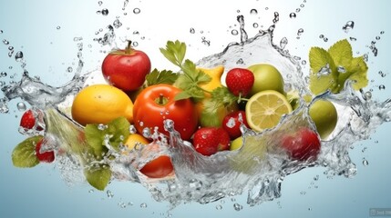 Poster - Splash of health, vibrant fruits and vegetables in refreshing water.
