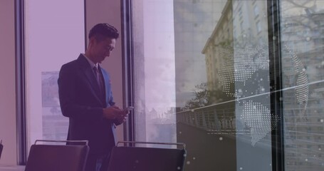 Poster - Animation of asian businessman using smartphone over data processing and cityscape