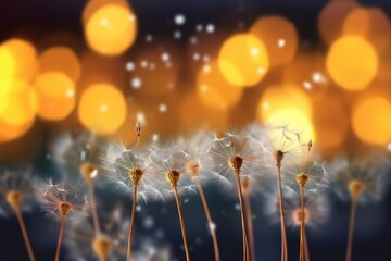 Poster - dandelion seeds dispersing on blurred background