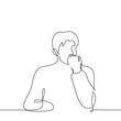 man sits at the table, hand he clenched his fist and leaned against his mouth - one line art vector. concept of thinking, hard thinking