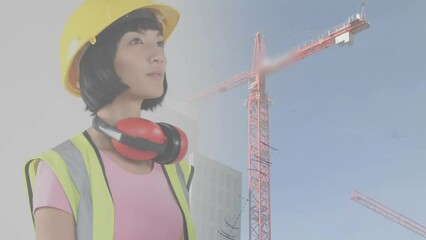 Poster - Animation of asian female architect with plans over crane