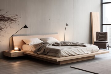 Poster - minimalist bed with neutral-colored bedding