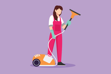 Wall Mural - Character flat drawing young beautiful woman works at home, do cleaning in work uniform. Home vacuum cleaner. Household home appliances. Disinfection and cleaning. Cartoon design vector illustration