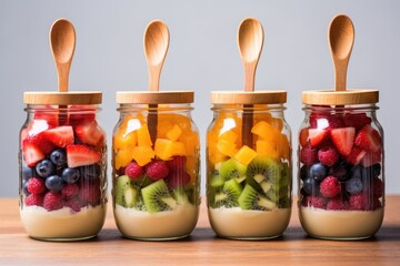 Wall Mural - fruit salad in mason jars with wooden spoons