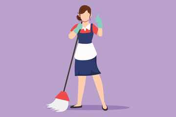 Wall Mural - Graphic flat design drawing floor care, cleaning services with washing mop in sterile factory or clean hospital. Cleaning woman service. Professional cleaning staff. Cartoon style vector illustration