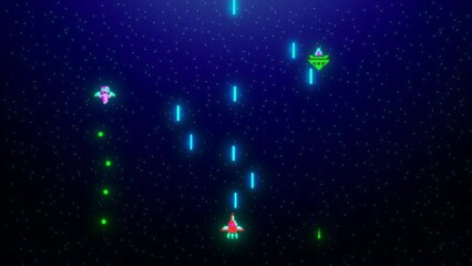 Wall Mural - Classic Retro Arcade Space Shooter Computer Game Animation. Galactic War in Modern Colors. Space Ship Shooting Aliens With Lasers Pixelated 2D Gameplay.